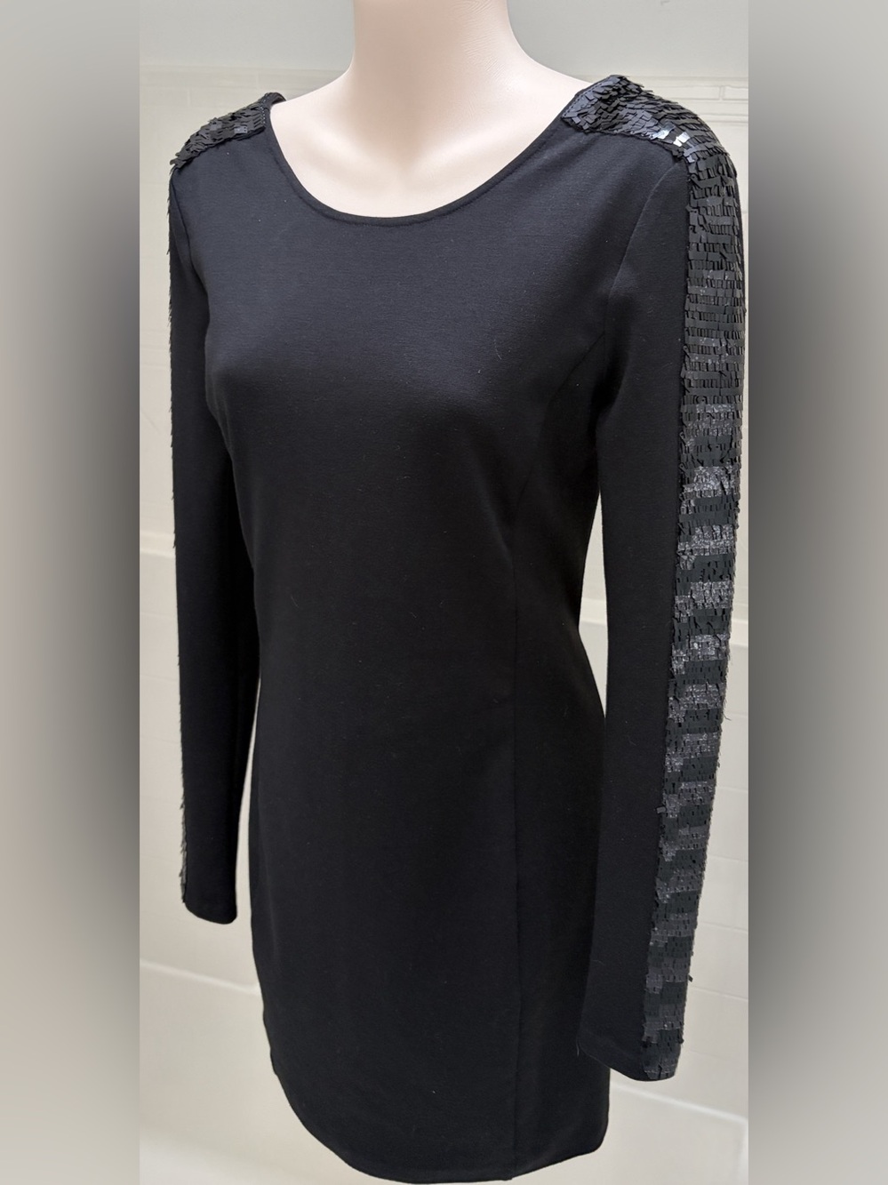 Armani Exchange Black Sequin Stripe Sleeve Scoop Back Bodycon Mini Dress Size S